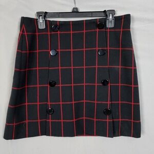 Ann Taylor LOFT Size 10P Black Red Plaid Modern Button Accent Preppy Skirt Kilt